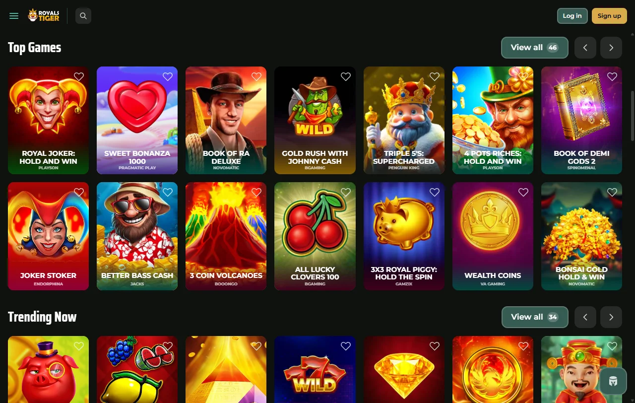 Catálogo do RoyalsTiger com slots da Pragmatic Play, NetEnt e Hacksaw Gaming