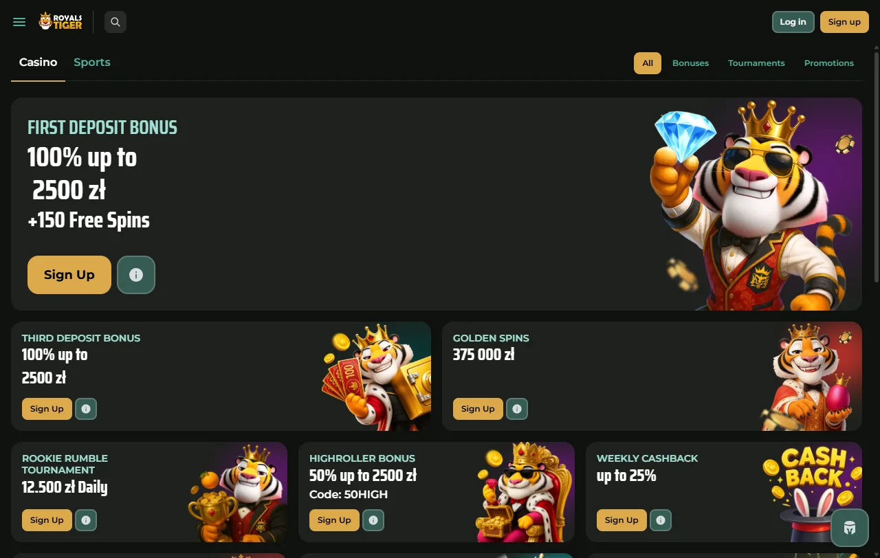 Hub de promoções do RoyalsTiger com wagering x35 e cashback semanal