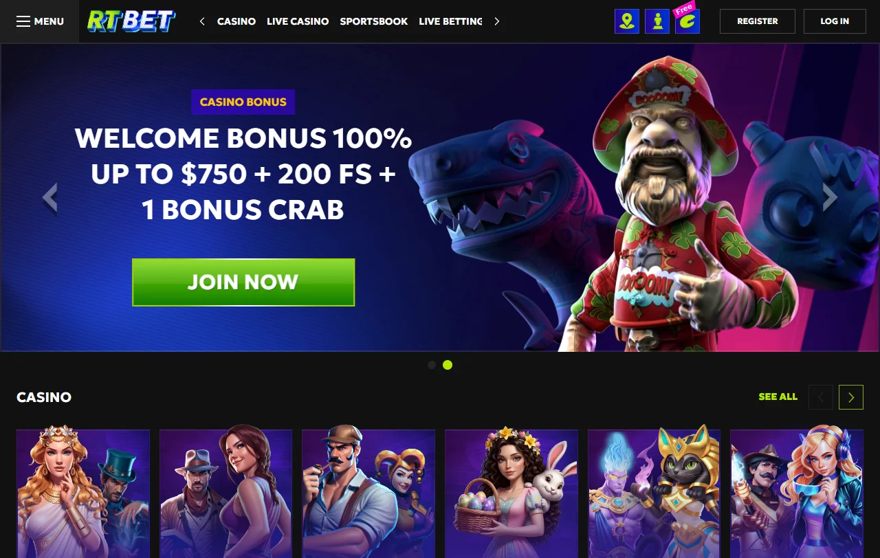 Página inicial do RTBet Casino com secções de jogo e apostas desportivas