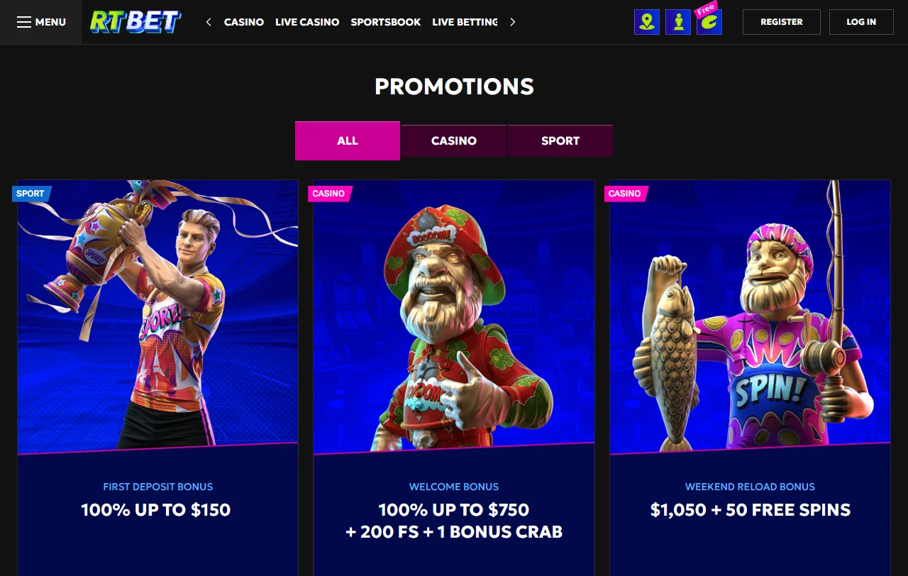 Bónus de boas-vindas do RTBet Casino de 100% até 500€ com giros grátis