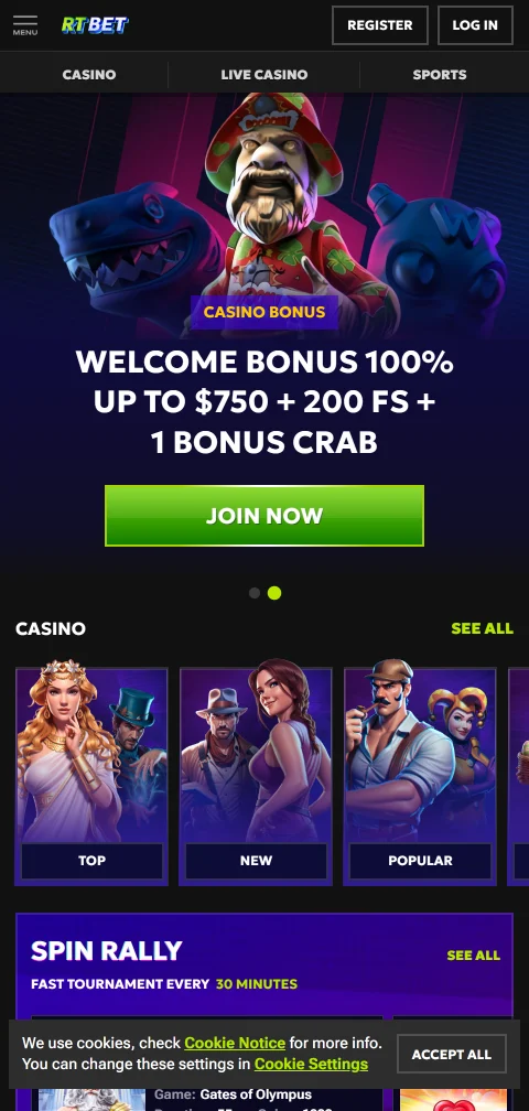 RTBet Casino no navegador do telemóvel com boletim desportivo aberto