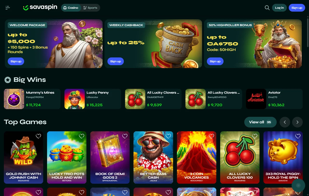 Página inicial do Savaspin com secções de slots, ao vivo e desporto