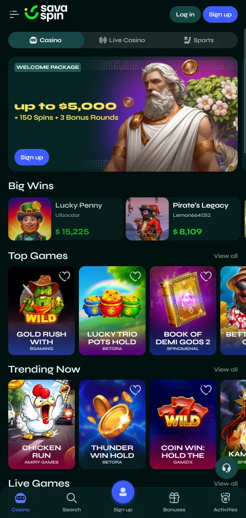 Savaspin em telemóvel com lobby HTML5 adaptado a ecrãs pequenos
