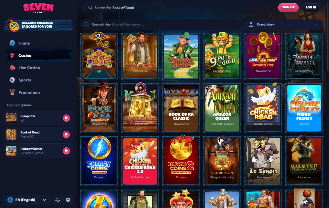 Catálogo do Seven Casino com cerca de 2000 títulos de 18 fornecedores
