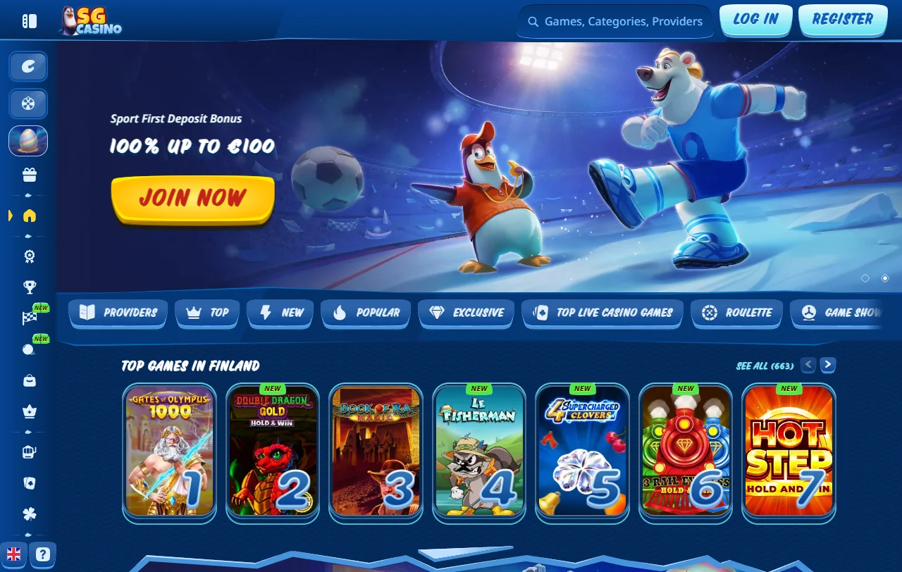 Página inicial do SG Casino com jogos e desporto em destaque