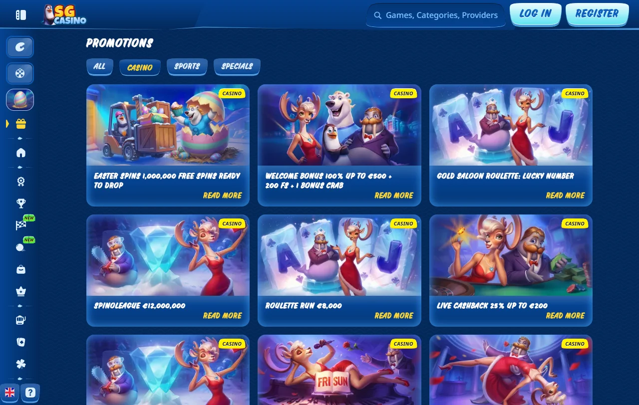 Catálogo de slots e mesas ao vivo do SG Casino por fornecedor