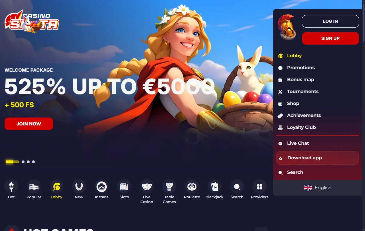 Visão geral da plataforma Slota para jogadores em Portugal, com tema espartano