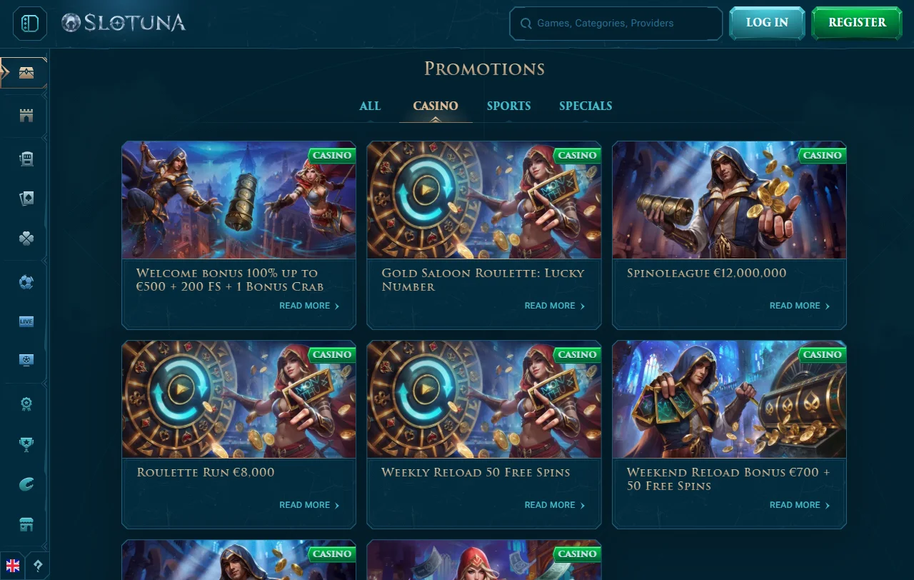 Catálogo do Slotuna Casino com cerca de 8.000 jogos e mesas ao vivo