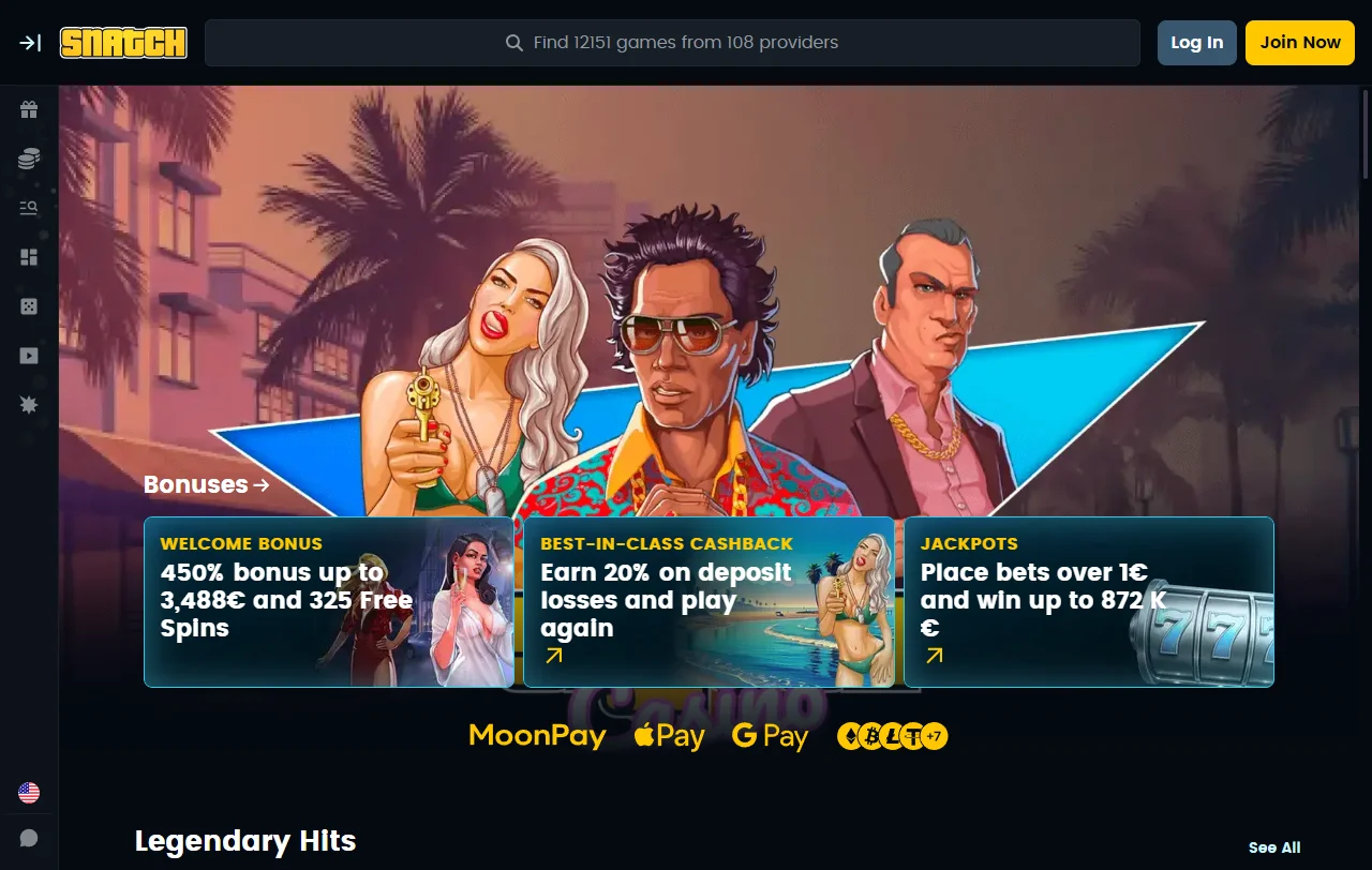 Página inicial do Snatch Casino com licença de Curaçao no rodapé