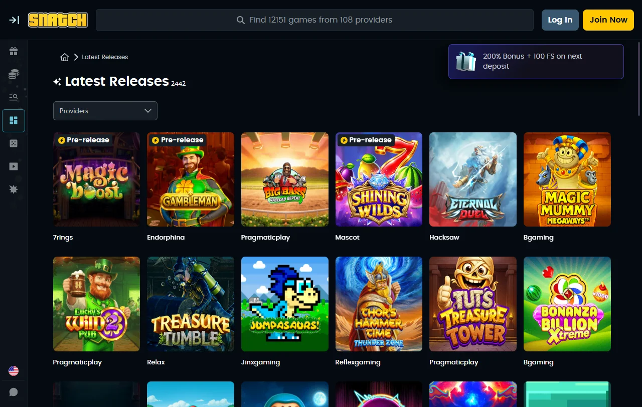Catálogo do Snatch Casino com slots de Pragmatic Play e Hacksaw Gaming