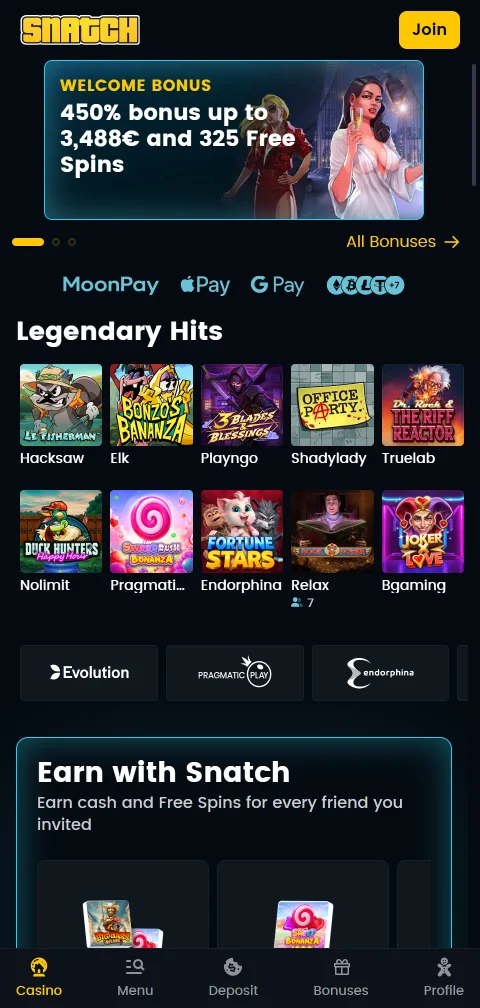 Snatch Casino em navegador móvel com pesquisa de jogos no topo