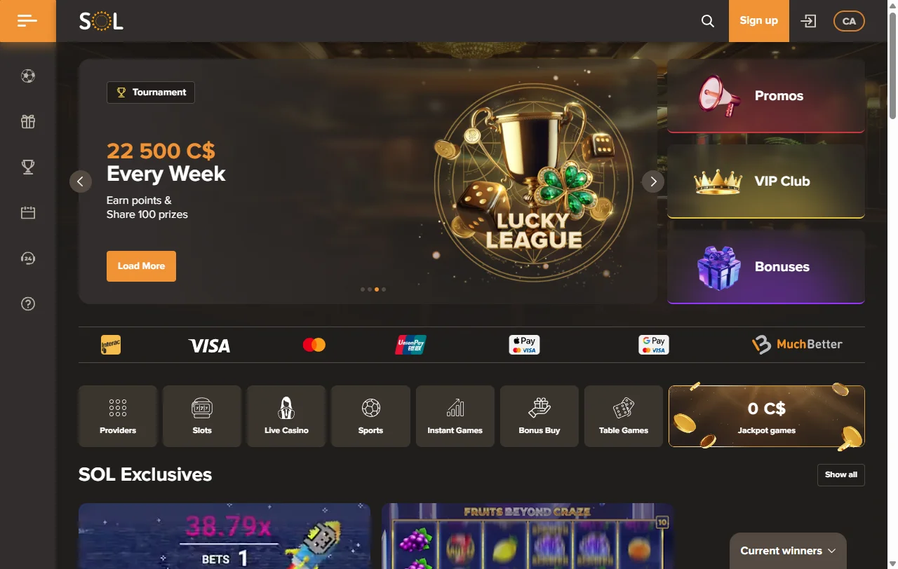 Página inicial do Sol Casino com licença de Curaçao indicada no rodapé