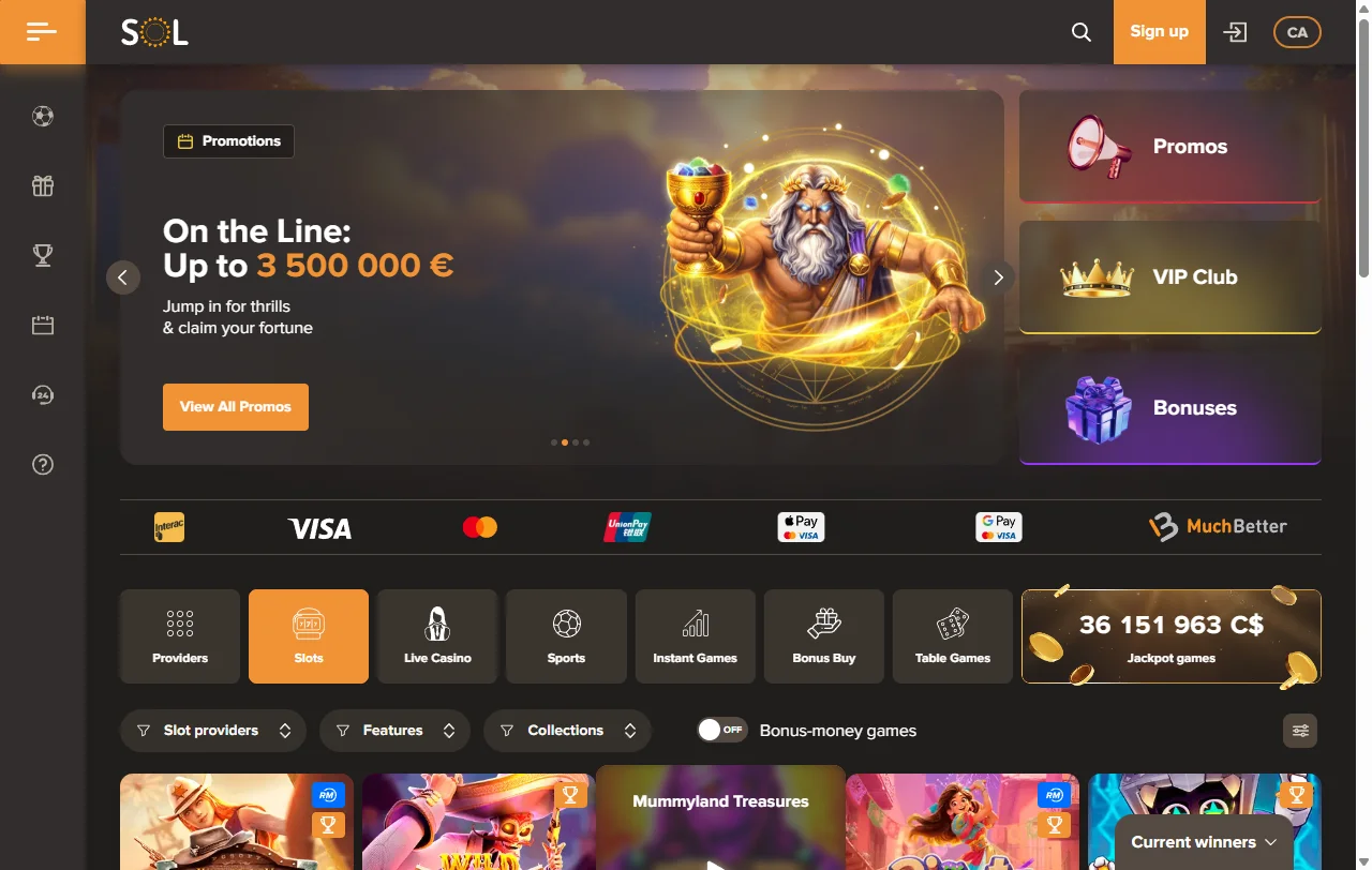 Catálogo do Sol Casino com slots de Play