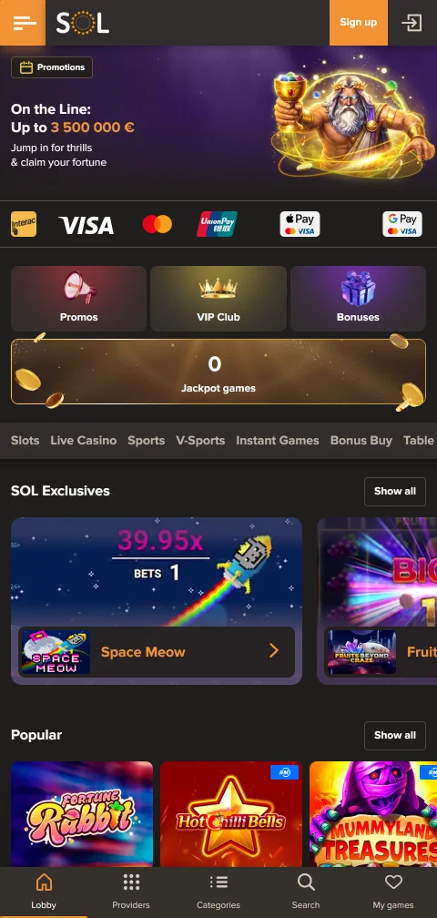 Sol Casino em ecrã de telemóvel com lobby adaptado e filtro de fornecedores