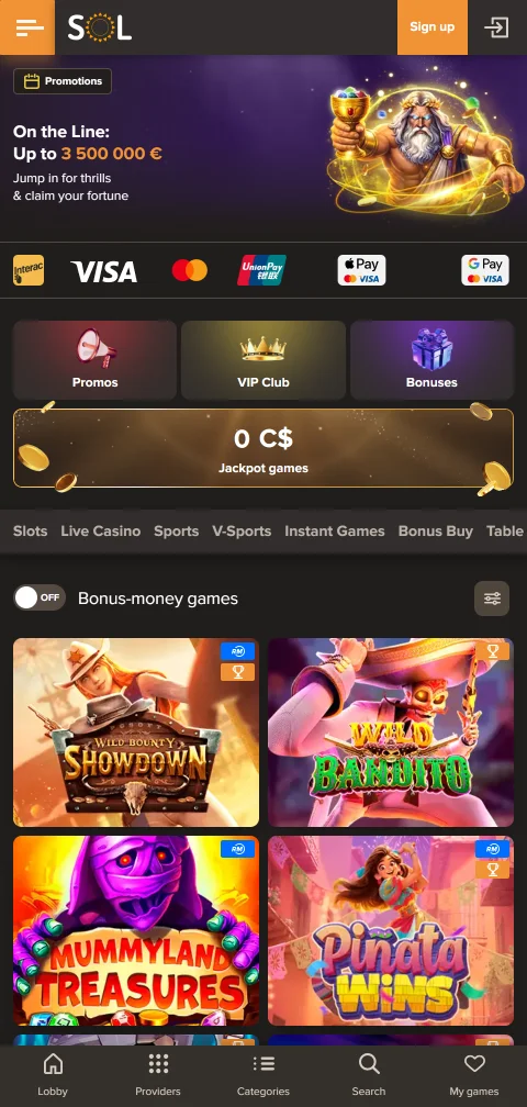 Métodos de pagamento do Sol Casino com Visa, Skrill, Neteller e criptomoedas