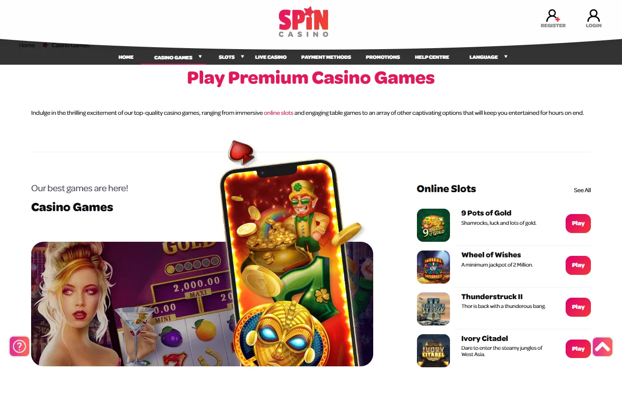Catálogo de slots e mesas do Spin Casino com títulos Games Global
