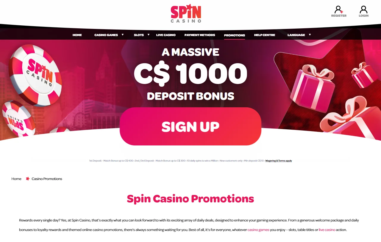 Bónus de boas-vindas do Spin Casino repartido por três depósitos