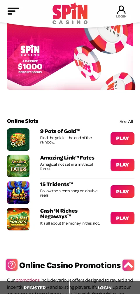 Spin Casino em telemóvel através do site em HTML5, sem instalação