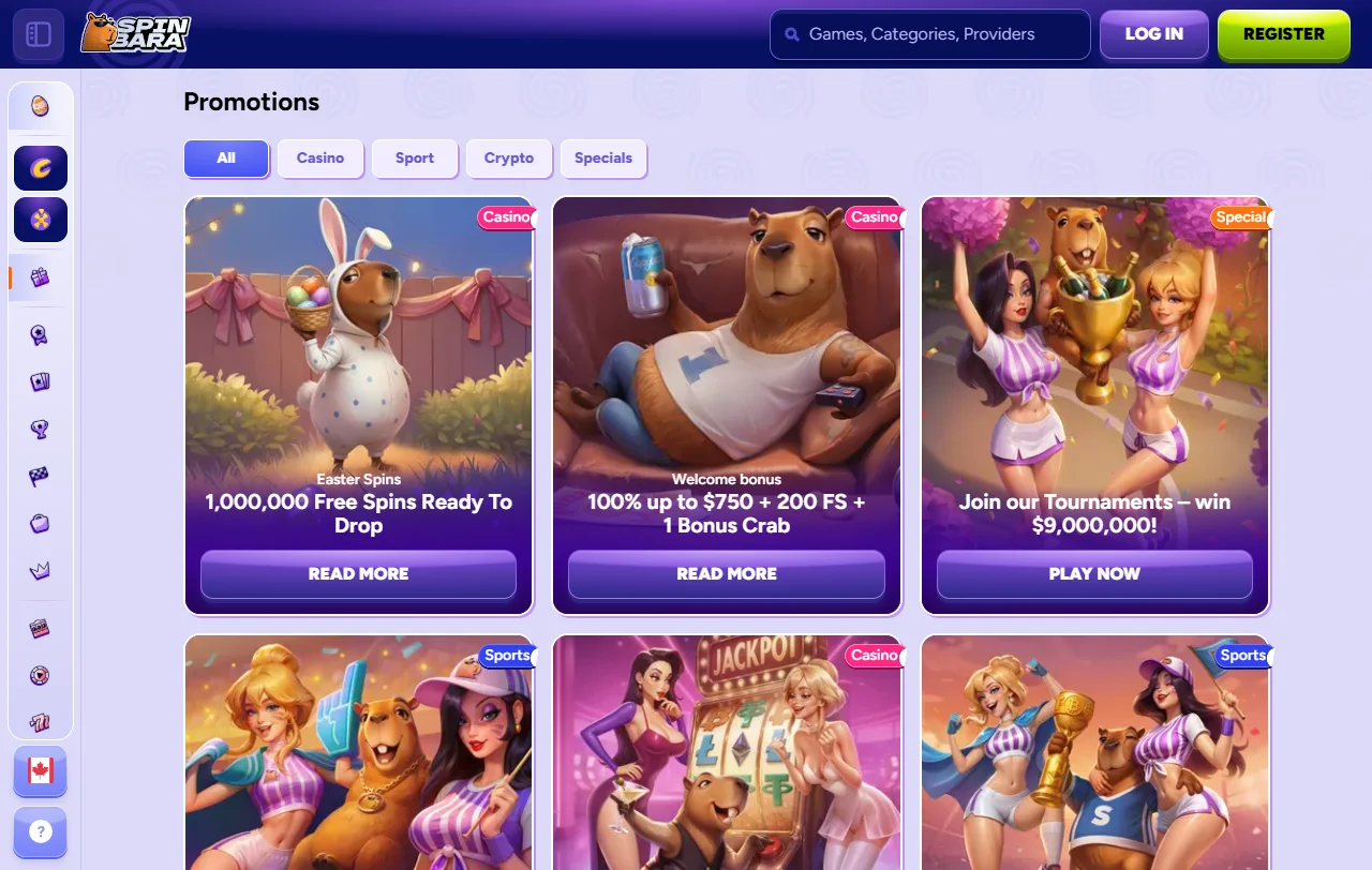 Catálogo de slots do SpinBara com títulos da Pragmatic Play e Spinomenal