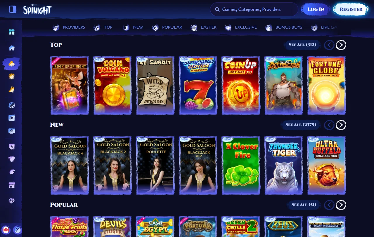 Slots e mesas ao vivo do Spinight Casino por fornecedor, entre NetEnt e Evolution