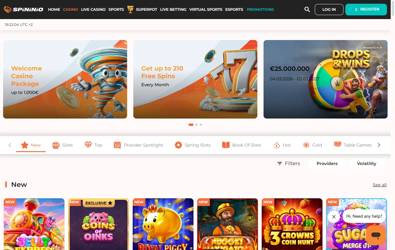 Catálogo de slots do Spininio Casino com títulos Pragmatic Play e Hacksaw Gaming