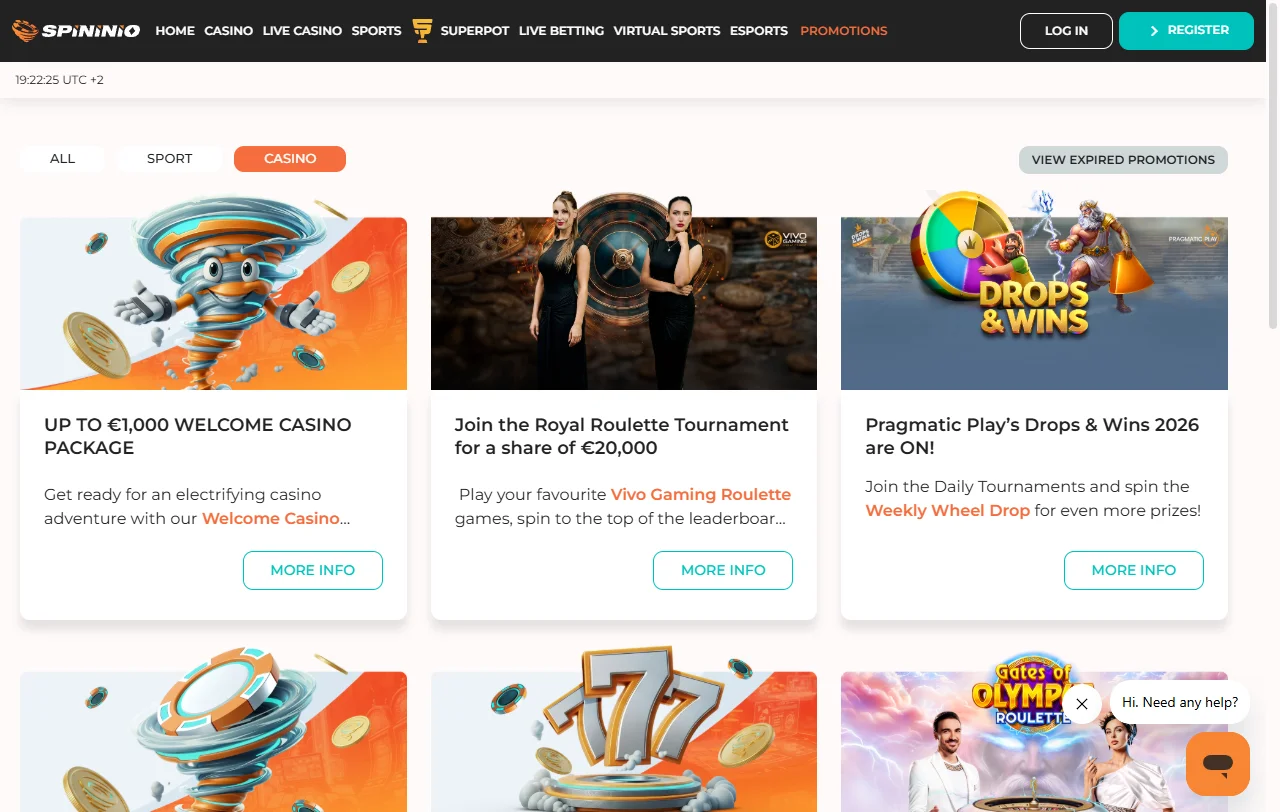 Pacote de boas-vindas do Spininio Casino repartido por quatro depósitos com códigos