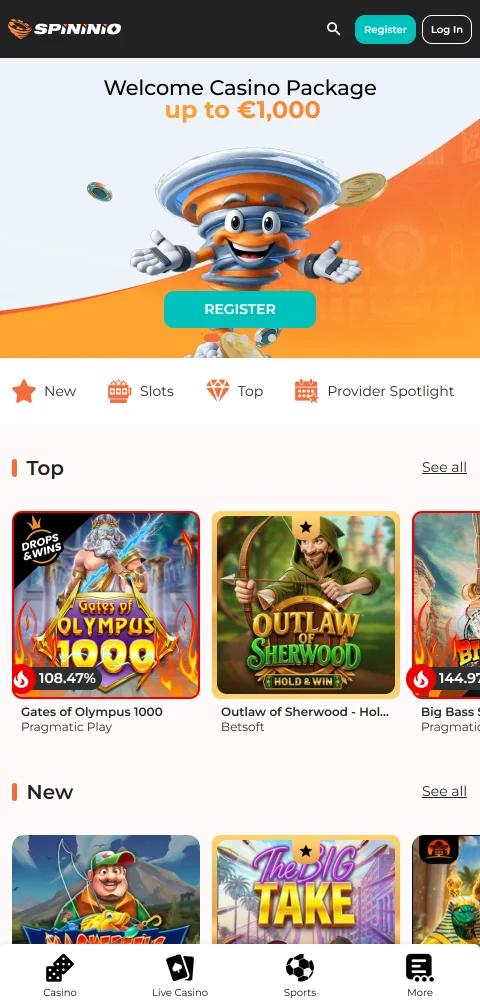 Spininio Casino em telemóvel através do browser, sem aplicação nativa instalada