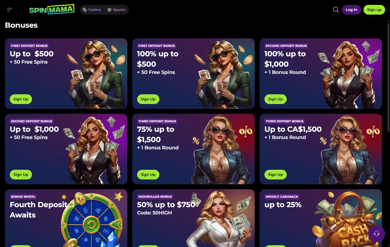 Catálogo de seis mil títulos e mesas ao vivo do Spinmama Casino