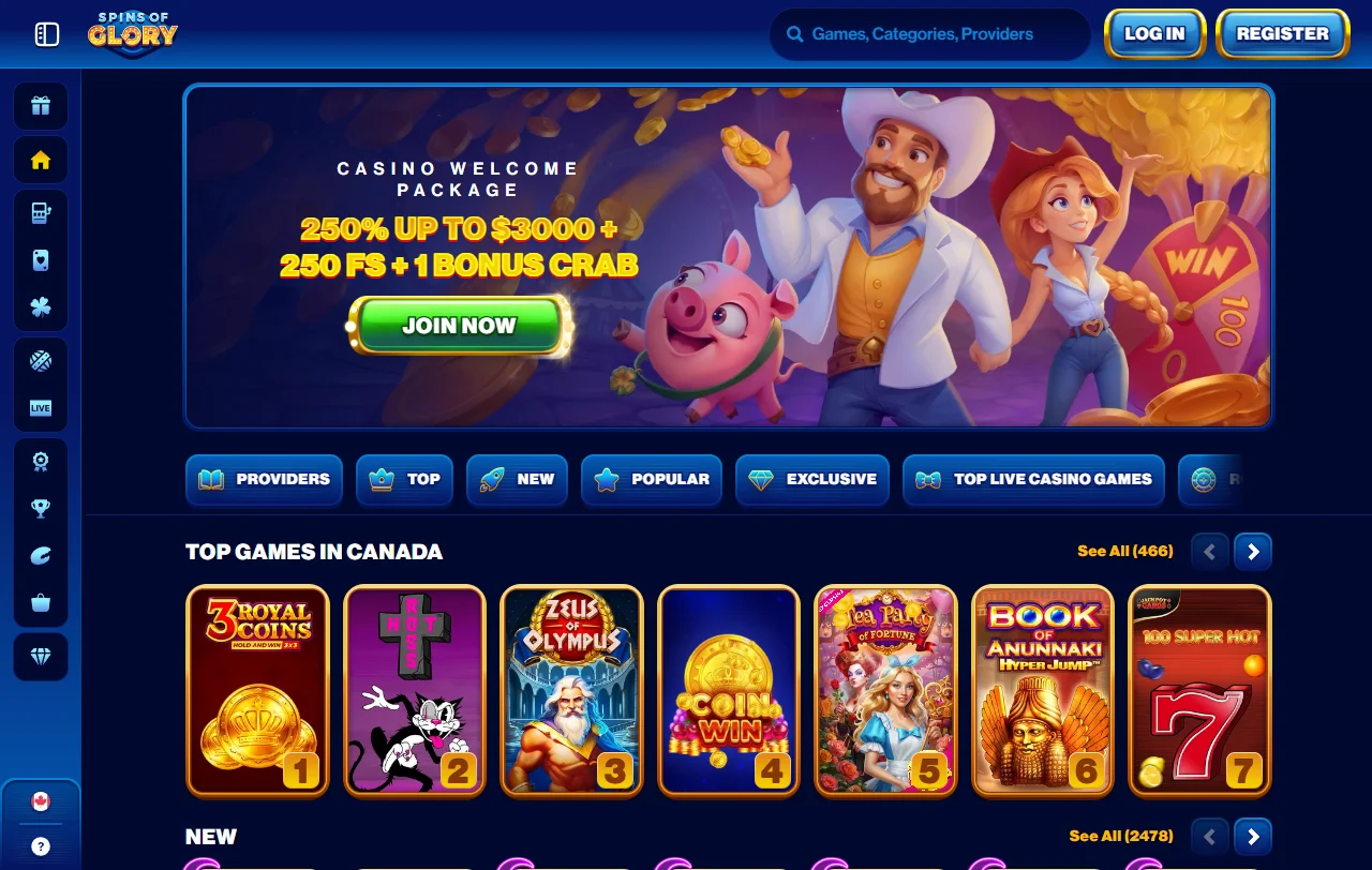 Página inicial do Spins of Glory Casino com o pacote de boas-vindas em destaque