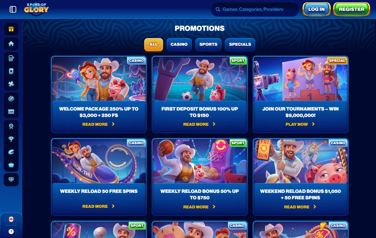Lataria de slots do Spins of Glory Casino com filtros por fornecedor e categoria
