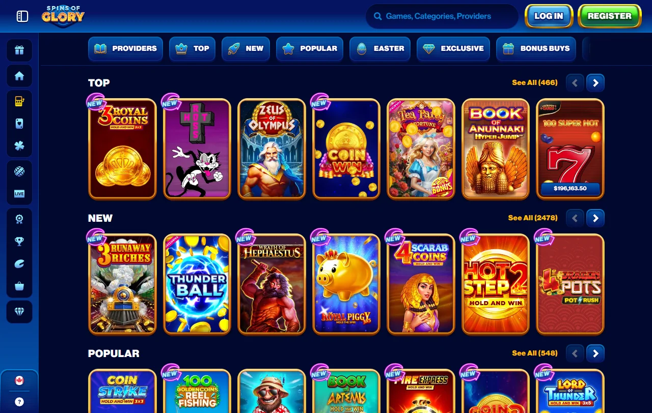 Página de promoções do Spins of Glory Casino com cashback semanal e recargas