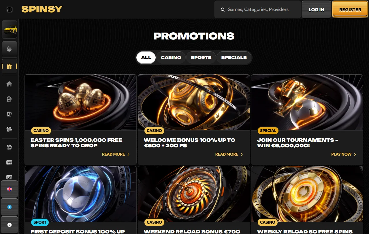 Catálogo de slots do Spinsy com filtros por estúdio e categoria