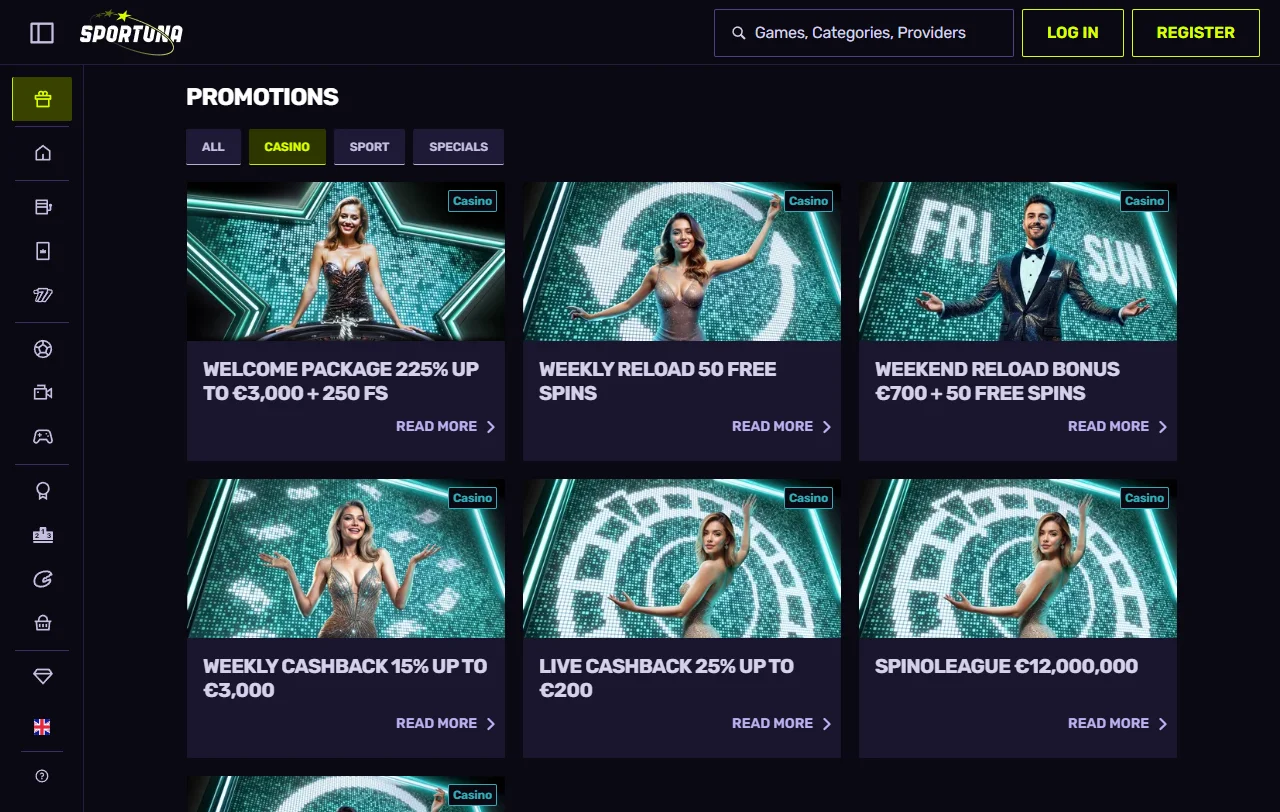 Catálogo do Sportuna com slots da Pragmatic Play e mesas ao vivo da Evolution