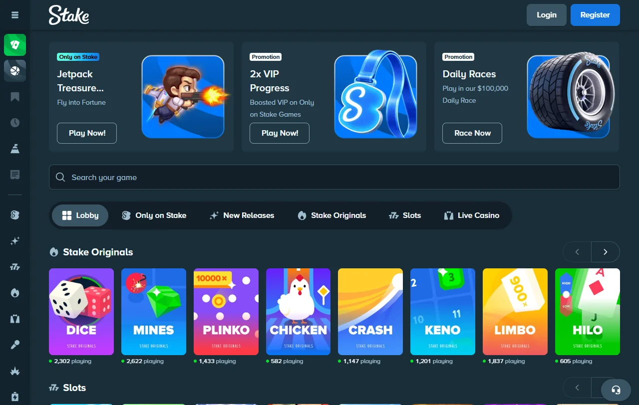 Catálogo de slots e jogos ao vivo disponíveis no Stake Casino