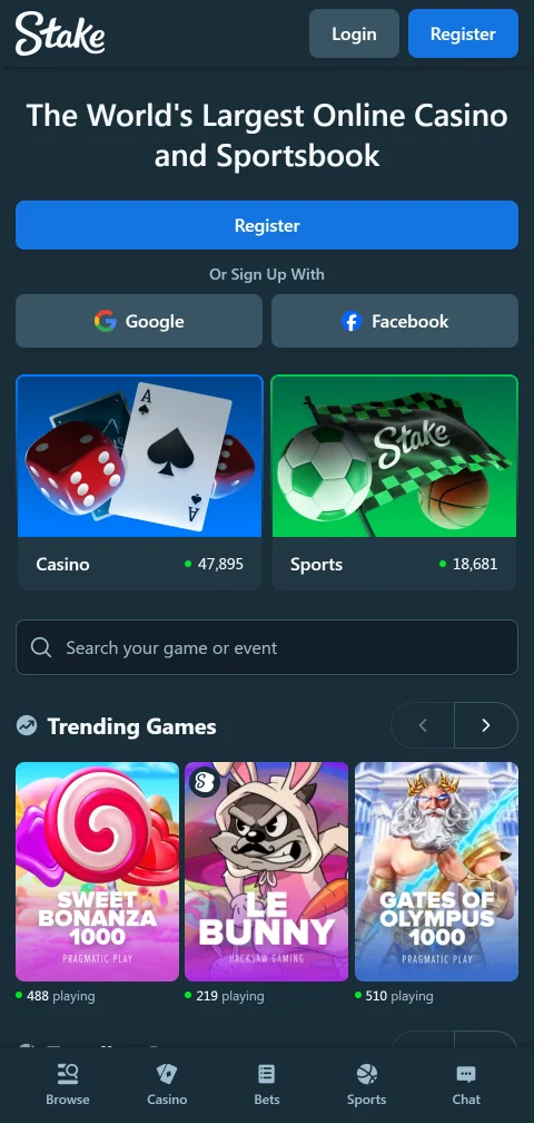 Stake Casino em ecrã de telemóvel, com sessão em browser