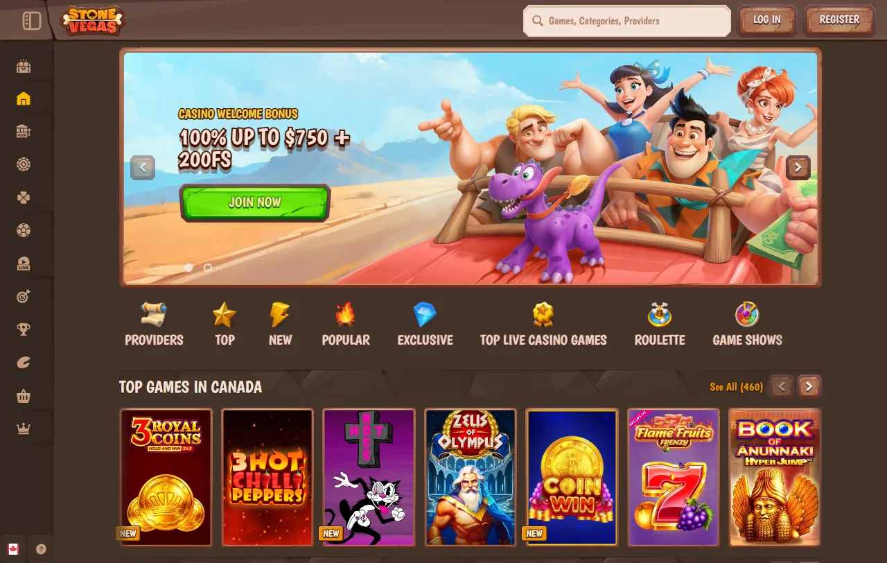 Página inicial do StoneVegas Casino com catálogo de cerca de 10 000 jogos