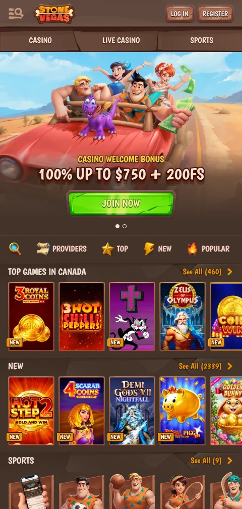 StoneVegas Casino no navegador do telemóvel com slots em formato vertical