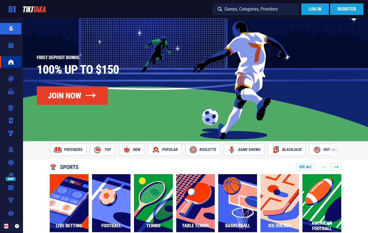Visão geral do TikiTaka Casino com secções de jogo e apostas desportivas