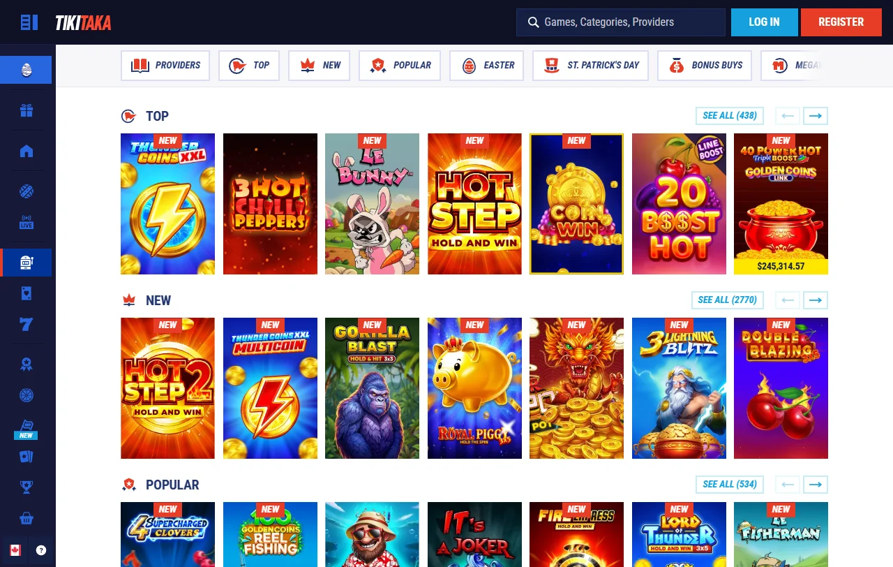 Catálogo de slots do TikiTaka Casino com filtros por fornecedor e categoria