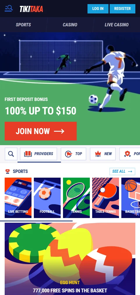 TikiTaka Casino no browser do telemóvel em ecrã vertical adaptado