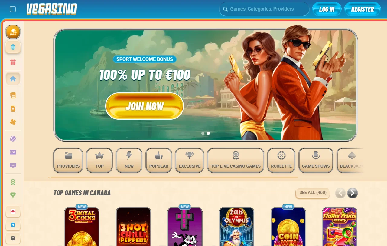 Vegasino Casino em visão geral, com lobby, secções principais e informação de rodapé