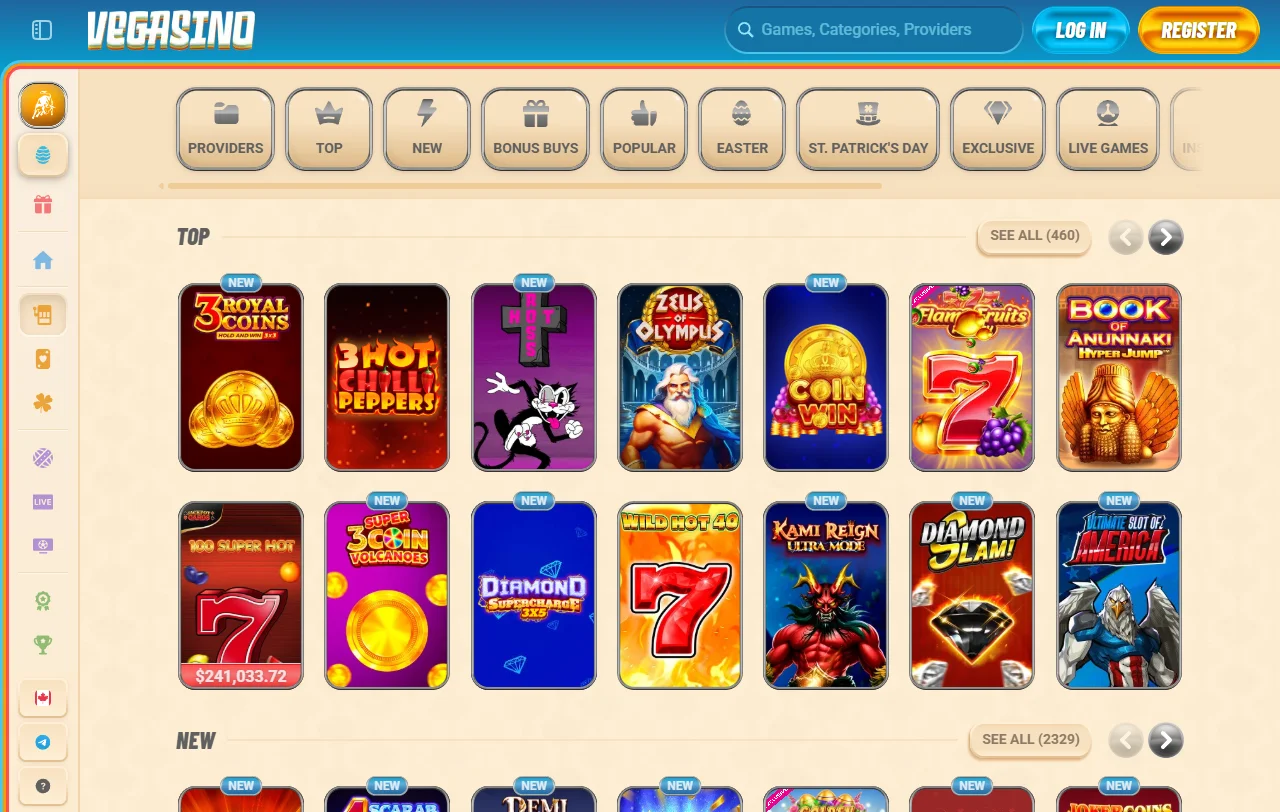 Biblioteca do Vegasino Casino com cerca de 10 000 jogos e filtro por fornecedor