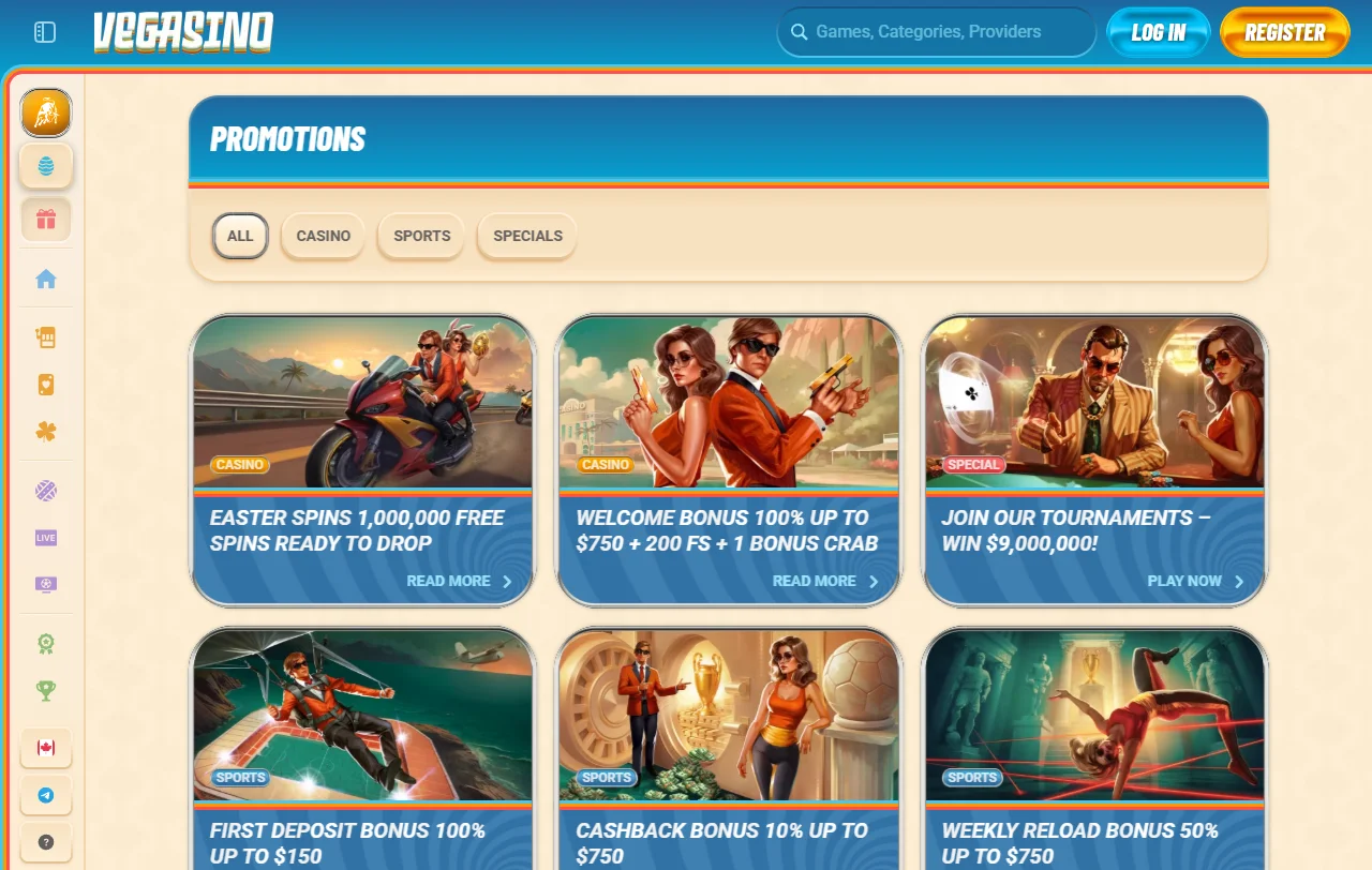 Oferta de boas-vindas do Vegasino Casino de 100% até 500 € e 200 free spins