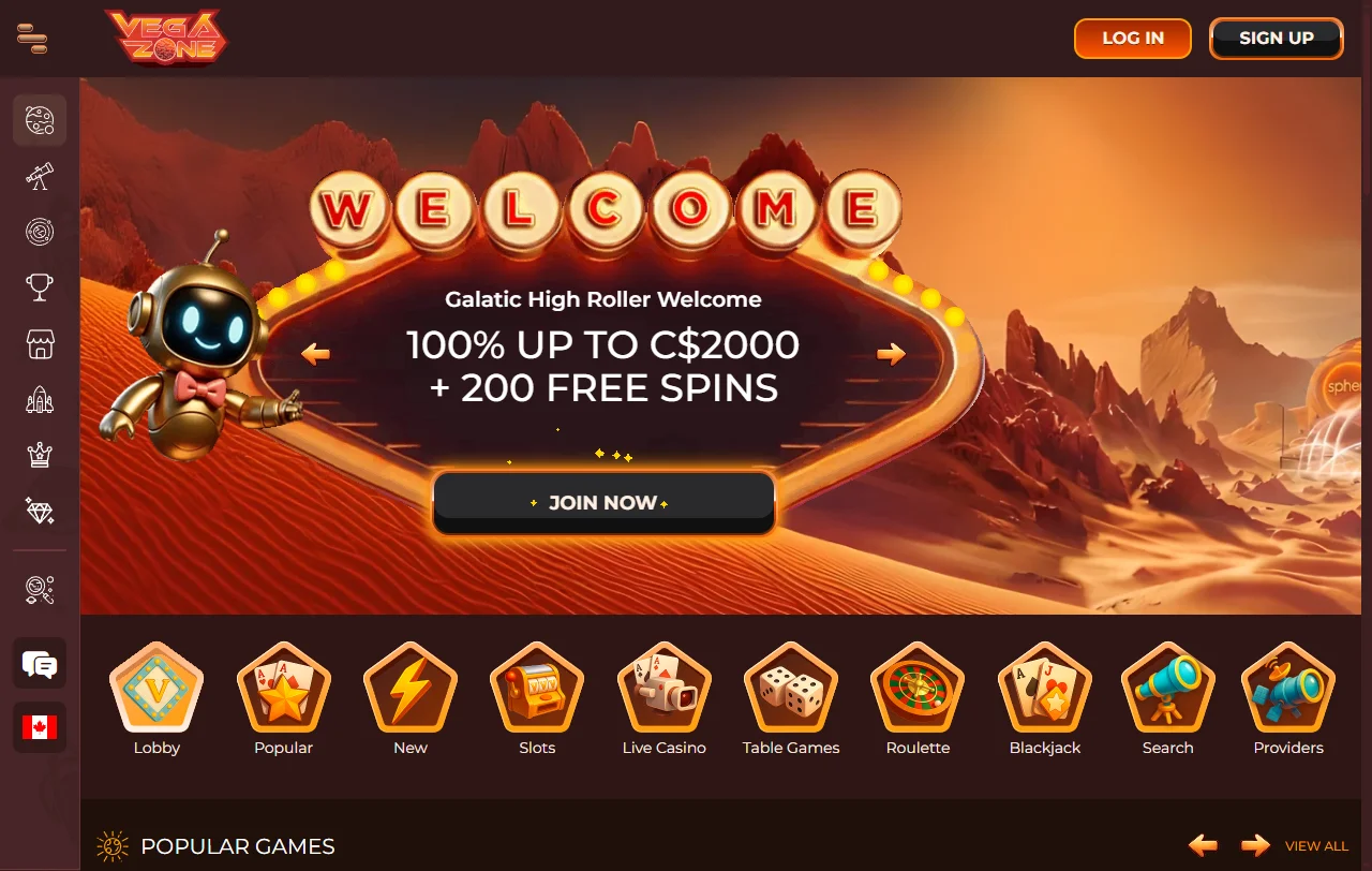 Página inicial da VegaZone com o lobby único de slots e mesas