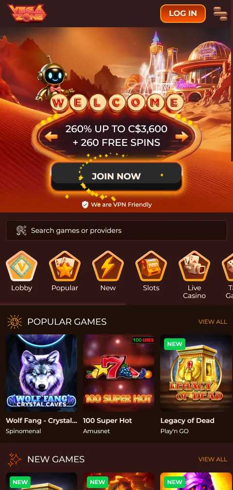 Lobby da VegaZone adaptado ao ecrã do telemóvel em HTML5