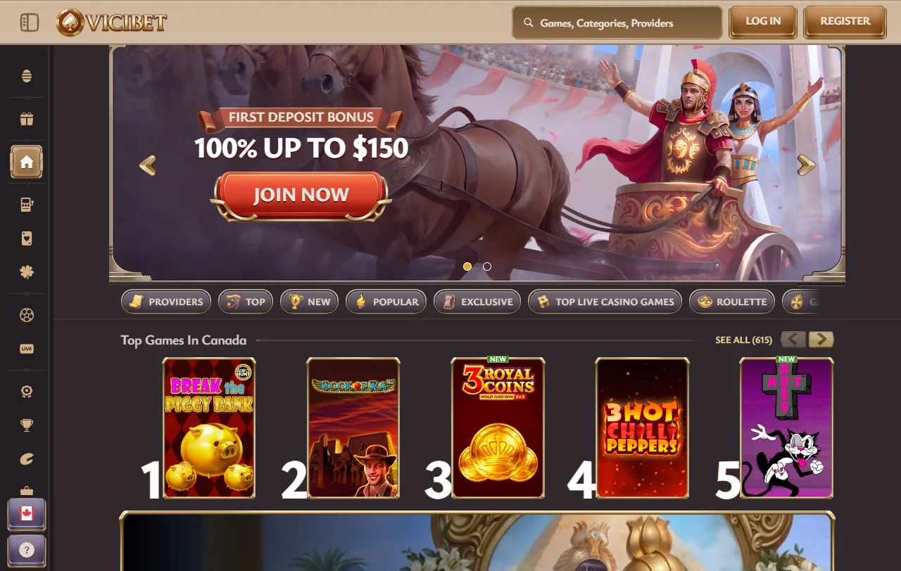 Página inicial do ViciBet casino com licença de Anjouan indicada no rodapé