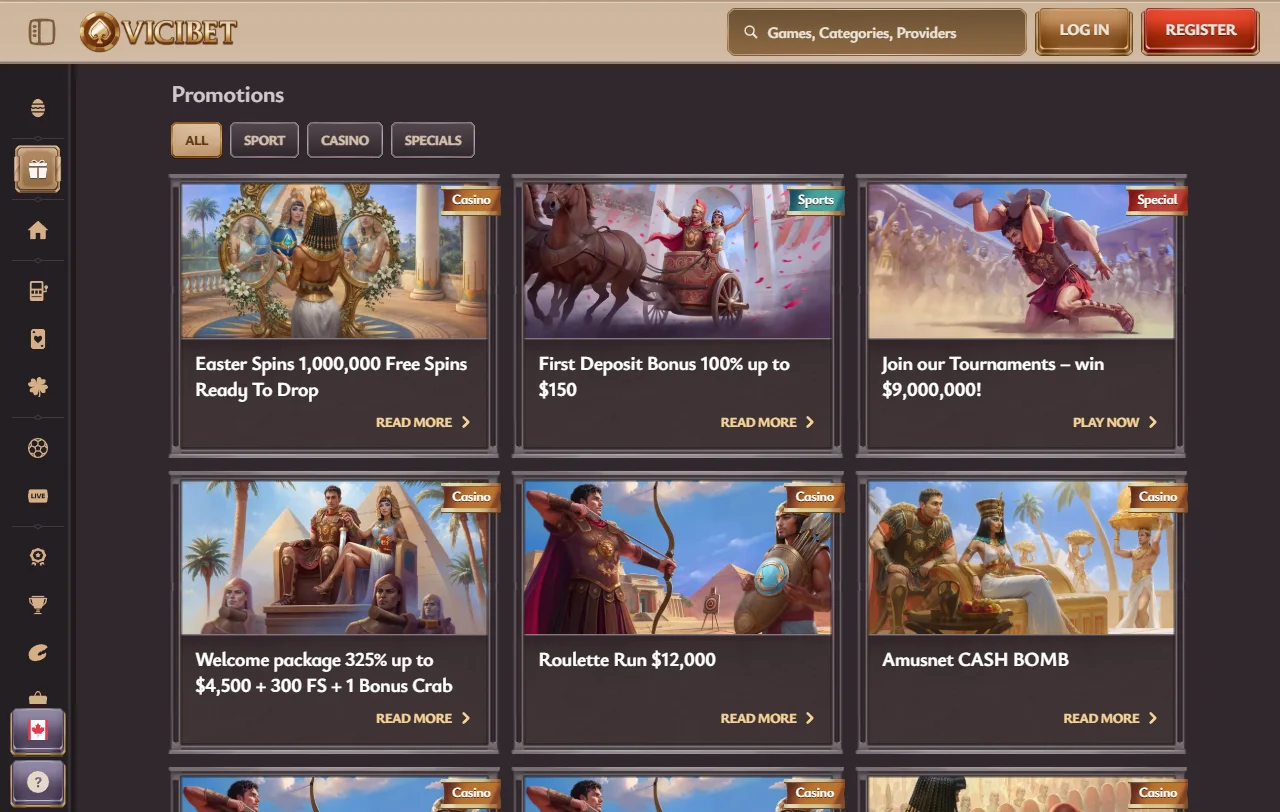 Pacote de boas-vindas do ViciBet casino com wagering de 50x descrito nos termos