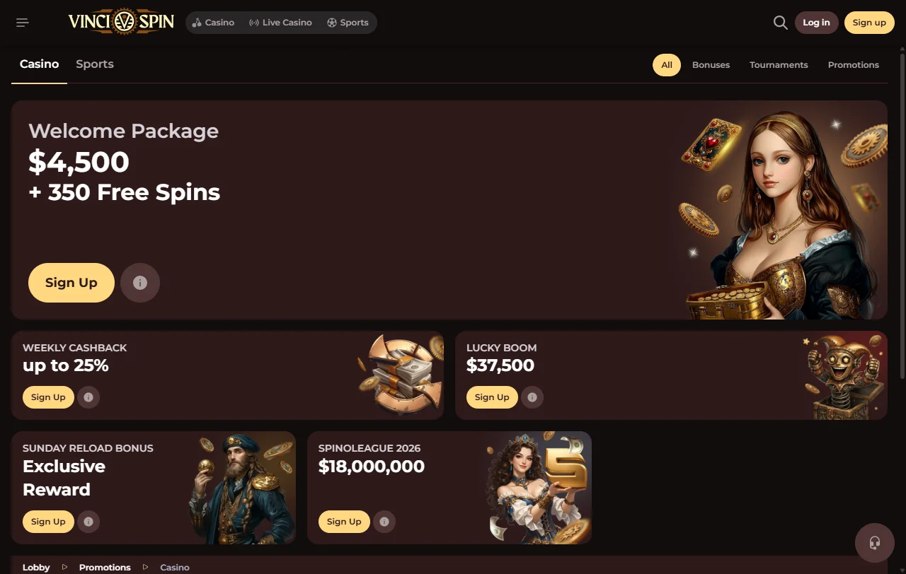 Catálogo do VinciSpin com slots de Pragmatic Play, NetEnt e Nolimit City