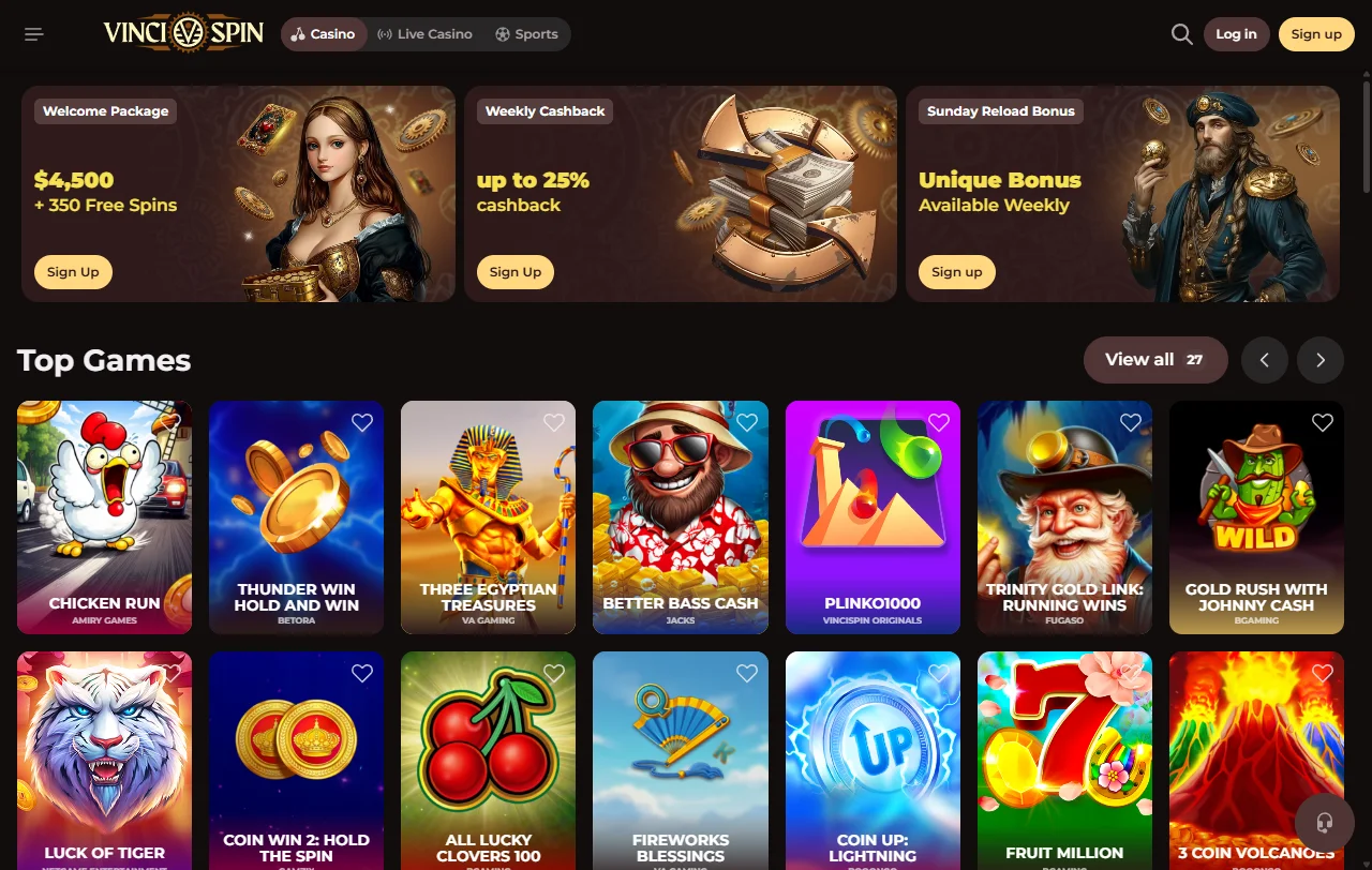 Pacote de boas-vindas do VinciSpin até 500 € e 350 free spins