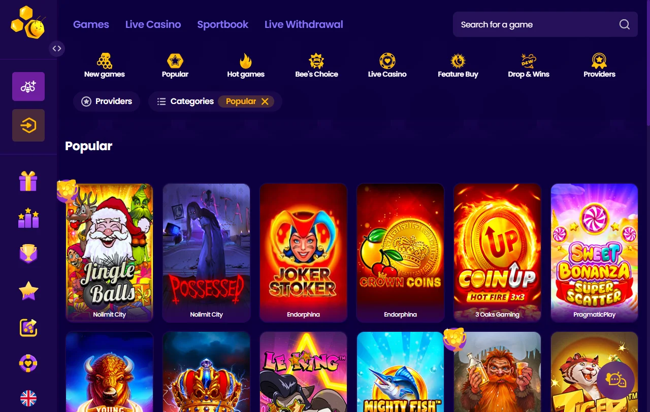 Catálogo de slots e mesas em transmissão do Wazbee Casino por fornecedor